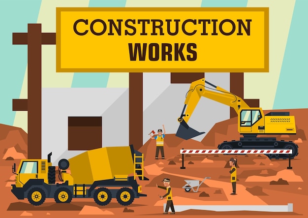 Obras de construção um grupo de trabalhadores de engenheiros constrói o edifício máquinas especiais e pesadas betoneira e escavadeira estão pingando no chão ilustração vetorial estilo simples