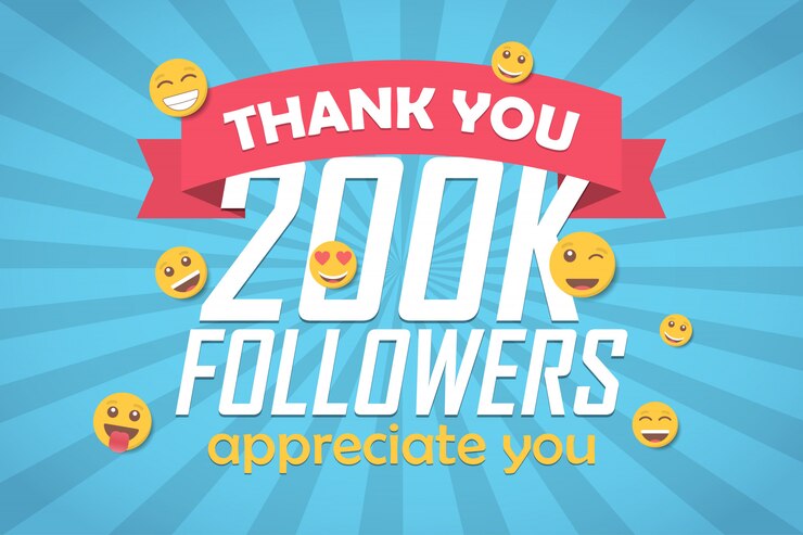 Vetor obrigado 200k seguidores fundo de parabéns com emoticon.