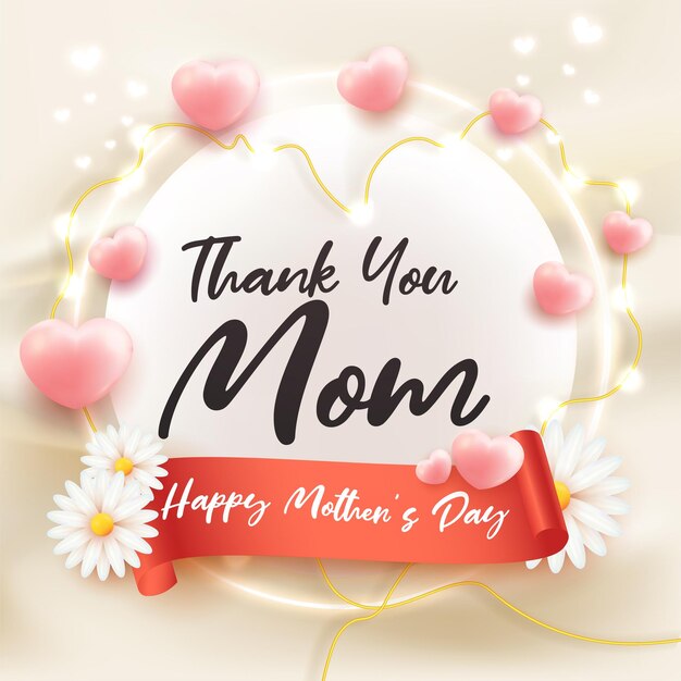 Obrigado mãe feliz dia das mães cartão modelo de flor branca modelo de coração 3d render estilo em fundo ondulado de cortina de luxo