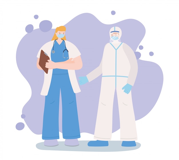 obrigado trabalhadores essenciais, equipe médica com traje de proteção, vestindo máscaras, ilustração de doença de coronavírus
