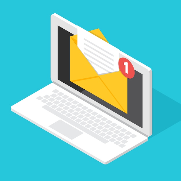 Obtenha o conceito de email. Isométrico Laptop com notificação.