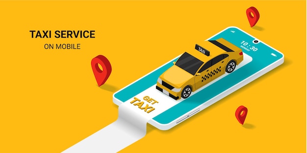 Obter serviço de táxi on-line em aplicativo móvel com táxi amarelo Conceito para encomendar serviço de táxis Ordenar um táxi online transporte público Ilustração vetorial isométrica