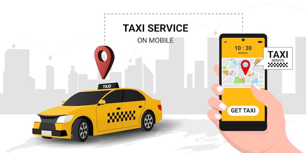 Obter um táxi via móvel Serviço on-line de táxi em aplicativo móvel com táxi amarelo Chamado de carro Conceito para encomendar serviço de táxi Ordenar um táxi on-line transporte público Ilustração vetorial 3D