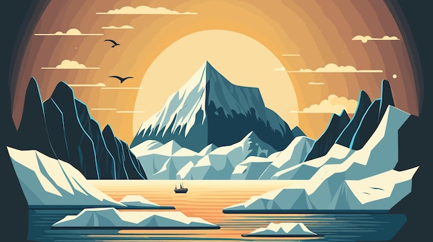 Oceana Ártica contra o pano de fundo de zakt oceano navio montanhas proximidade geada eterna Generative AI explorar sol picos nevados paisagem natureza borda da terra ilustração vetorial de iceberg