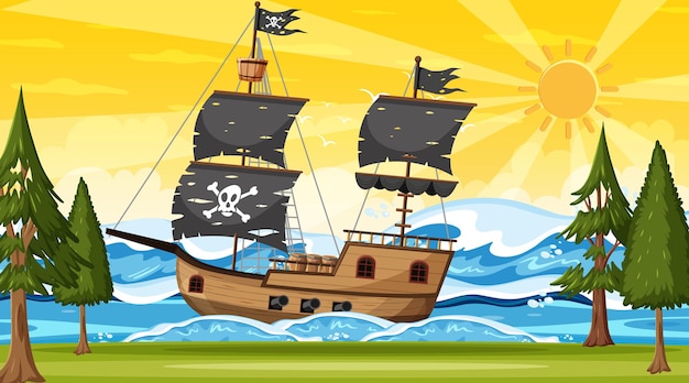 Oceano com o navio pirata na cena do pôr do sol no estilo cartoon