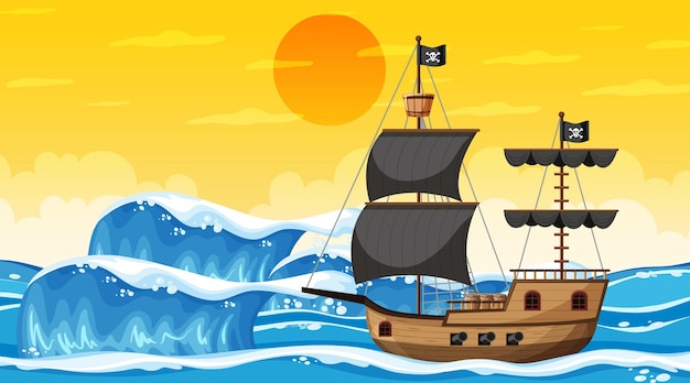 Oceano com o navio pirata na cena do pôr do sol no estilo cartoon