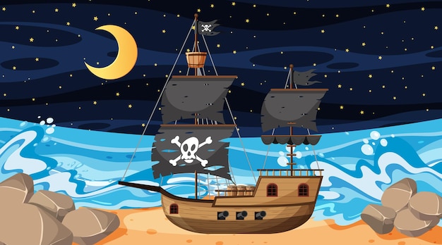 Oceano com o navio pirata na cena noturna em estilo cartoon