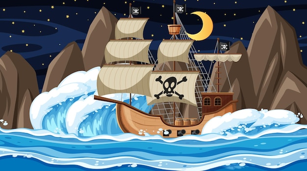 Oceano com o navio pirata na cena noturna em estilo cartoon