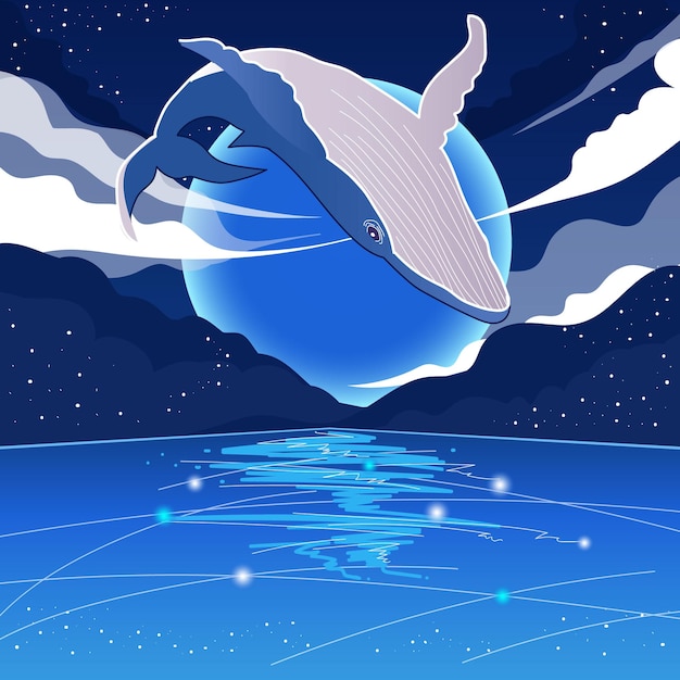 Oceano e baleia na ilustração vetorial de noite de fantasia