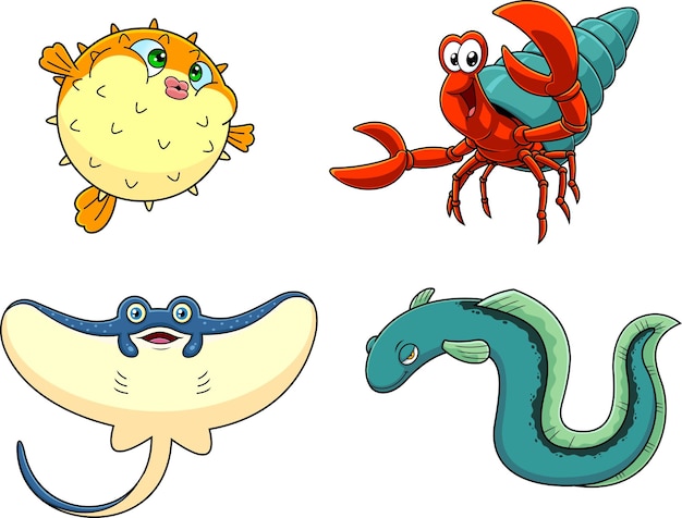 Vetor oceano ou mar animais personagens de desenhos animados poses diferentes. conjunto de coleção de vetores desenhados à mão