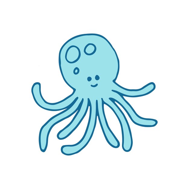 Octopus azul bonito Doodle isolado ilustração de contorno colorido Personagem de desenho animado marinho desenhado à mão