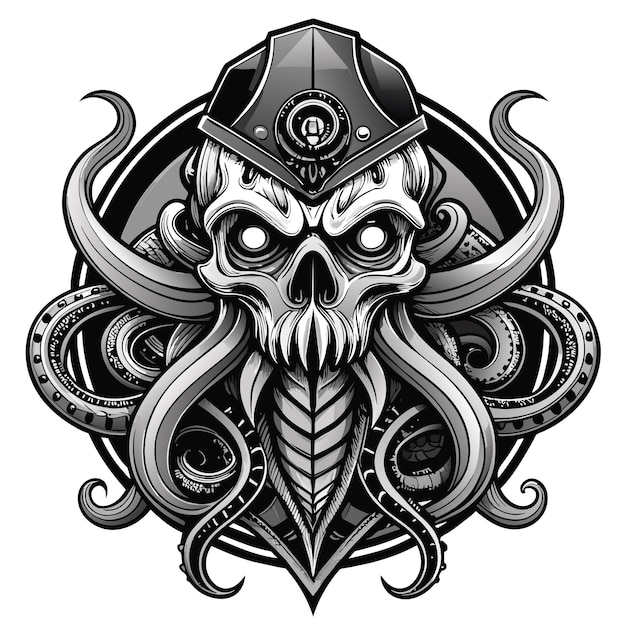 Vetor octopus octoskull malvado desenhado à mão personagem de desenho animado adesivo ícone conceito ilustração isolada