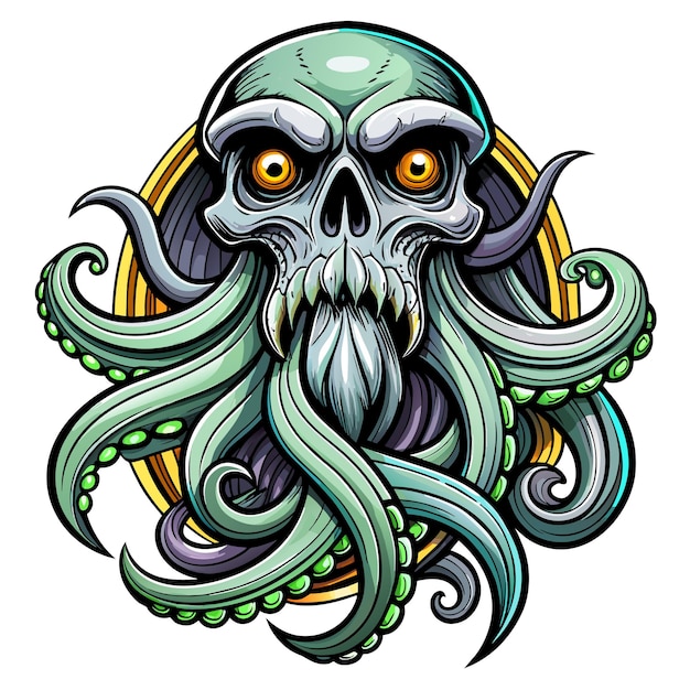 Octopus octoskull malvado desenhado à mão personagem de desenho animado adesivo ícone conceito ilustração isolada