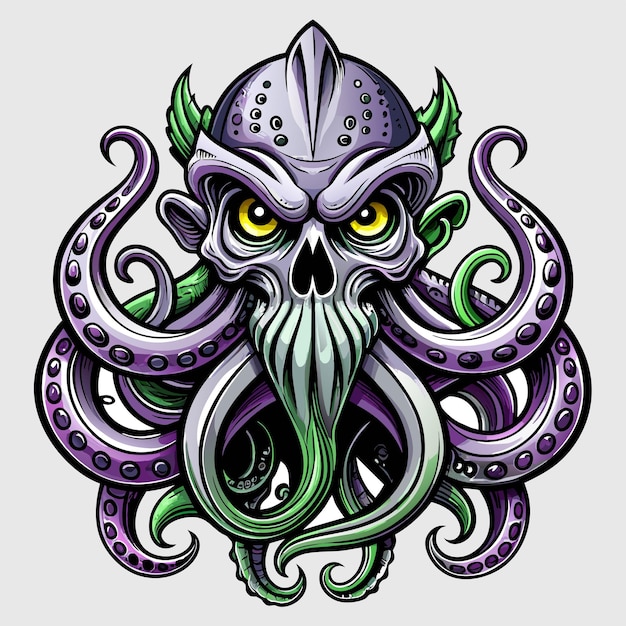 Vetor octopus octoskull malvado desenhado à mão personagem de desenho animado adesivo ícone conceito ilustração isolada