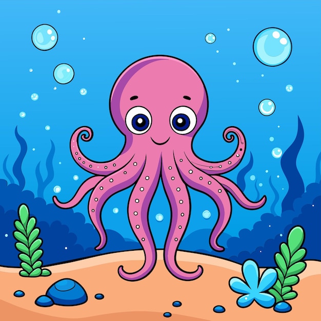 Octopuses bonitos nadam debaixo d'água no mar desenhado à mão mascote personagem de desenho animado adesivo conceito de ícone
