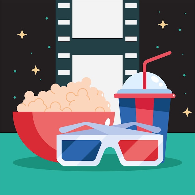 Vetor Óculos 3d de cinema e comida