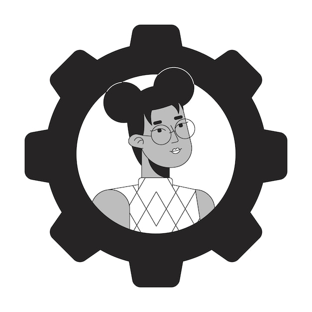 Óculos afro-americanos mulher preto branco ícone de avatar de desenho animado personagem 2d editável retrato de usuário linear ilustração plana ilustração de perfil de rosto vetorial engrenagem de contorno de pessoa cabeça e ombros