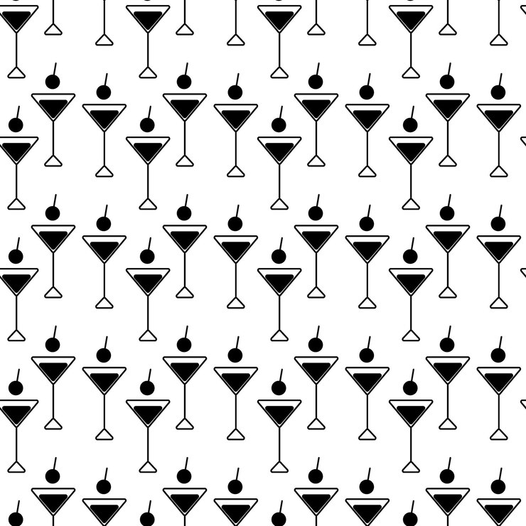 Vetor óculos de martini triangulares com bebida e cereja minimalista padrão sem costura barman dia ideia favorita