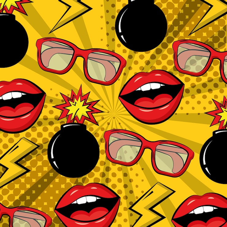 Vetor óculos de quadrinhos de bomba de pop art lábios fundo
