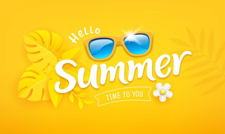 Vetor óculos de sol com papel de folha amarela cortam design de letras de verão em fundo amarelo eps 10 vetor