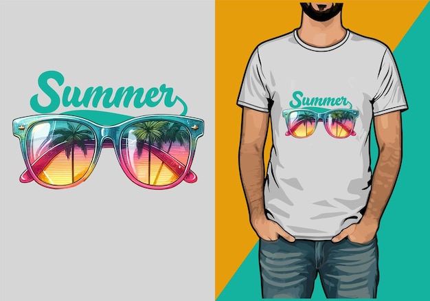 Óculos de sol de verão t-shirt de design vetorial estilo vintage retro aquarela colorida óculos de sol do verão