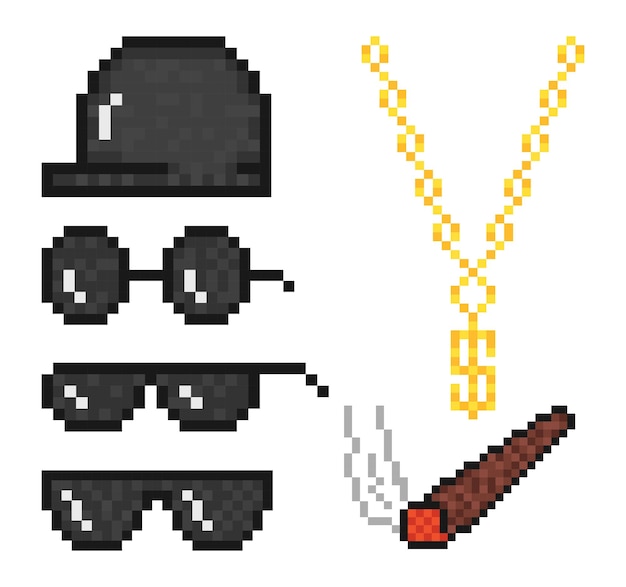 Óculos de sol pixelados de gângster boné de corrente de ouro e ilustração vetorial de cigarroxA