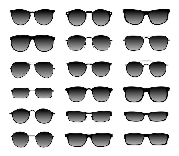 Óculos de sol realistas com um vidro preto translúcido em uma moldura preta proteção contra o sol e os raios ultravioleta conjunto de ilustração vetorial de acessórios de moda