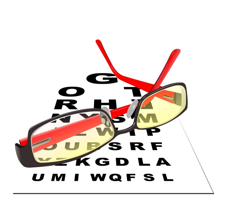 Vetor óculos para leitura com mesa para exames oftalmológicos eps 10 ilustração em vetor