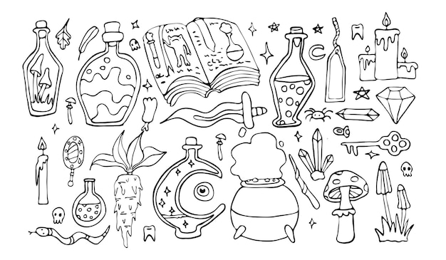 Oculto Halloween vetor doodle conjunto isolado em ervas bruxas brancas cristais e poções contorno desenho