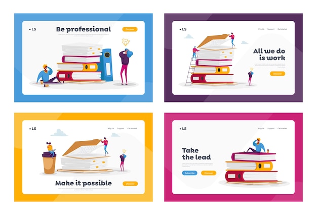 Ocupado escritório pessoas empresa funcionários papelada prazo limite Stress Landing Page modelo definido. Minúsculos personagens de negócios em uma enorme pilha de documentação ou pastas de documentos em papel. Desenho animado