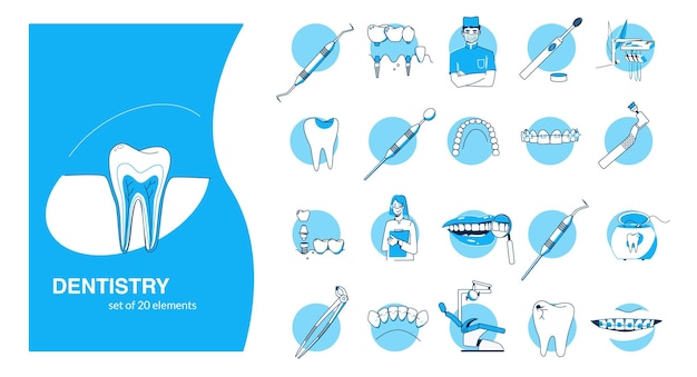 Odontologia com composições isoladas planas de dentes da boca humana com instalações de ferramentas odontológicas e ilustração vetorial de texto