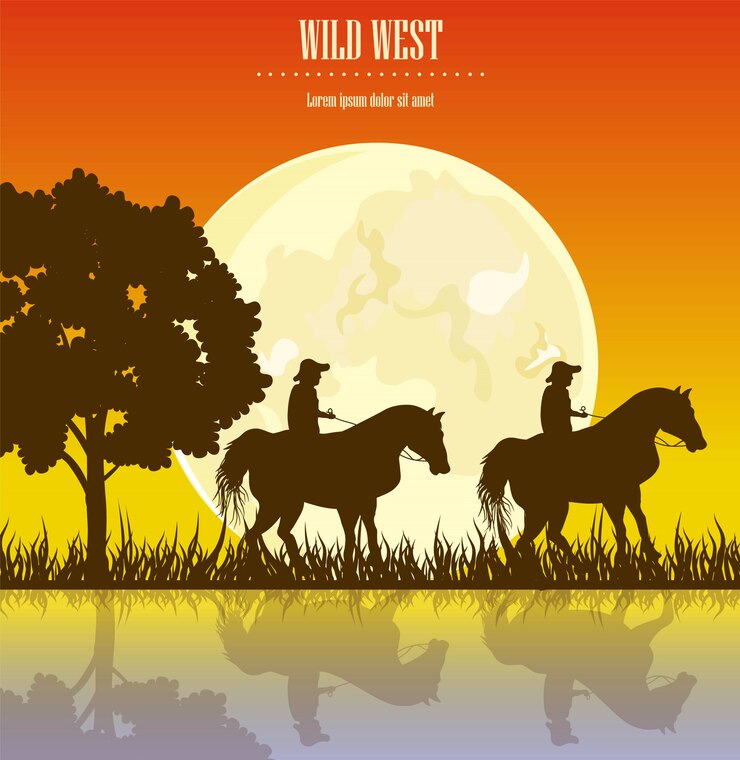 Vetor oeste selvagem, pôr do sol, ilustração