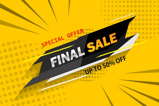 Oferta especial banner geométrico de venda final com sombra sobre fundo amarelo.