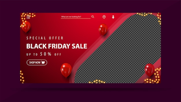 Oferta especial, black friday sale, até 50% de desconto, banner vermelho com espaço para sua foto, balões e moldura de guirlanda.
