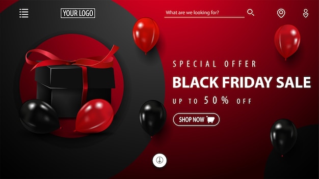 Oferta especial, black friday sale, banner de desconto vermelho com grandes círculos no fundo, caixa de presente, balões vermelhos e pretos e oferta com botão