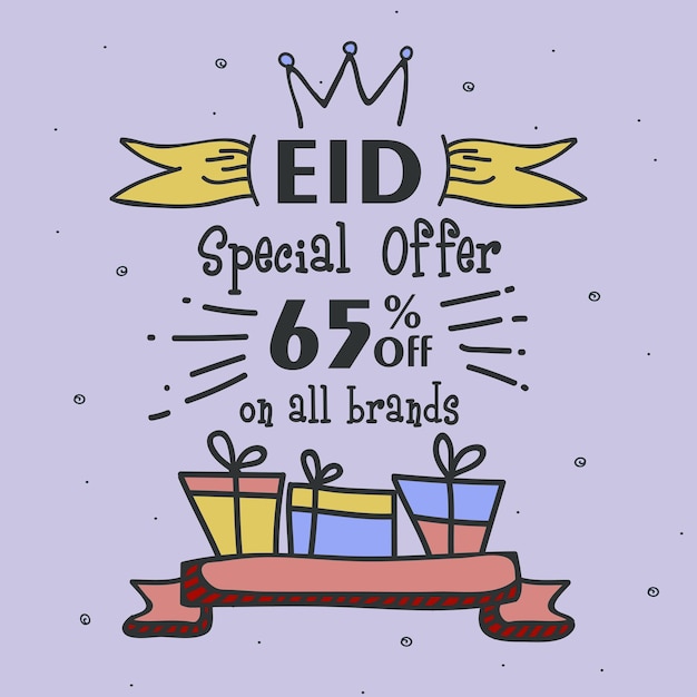 Vetor oferta especial de eid venda venda brilhante background 65 desconto em todas as marcas para a celebração do festival islâmico