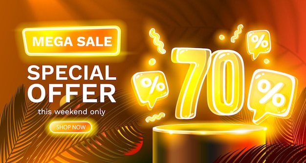 Oferta especial de mega venda neon 70 off banner de venda sinal de promoção de placa vector