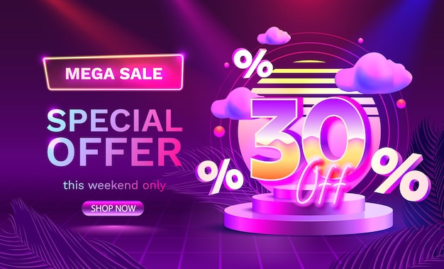 Oferta especial de mega venda neon retro way 30 banner de desconto promoção de placa de sinal ilustração vetorial