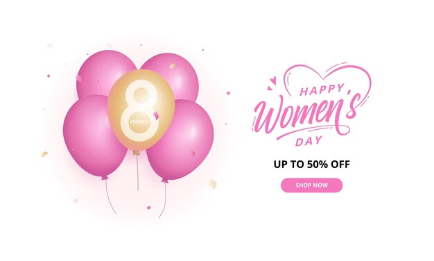 Oferta especial do dia das mulheres 50 banner de venda com balões de ar rosa e amarelo de forma personalizada