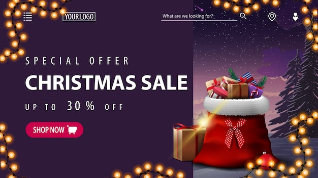 Oferta especial, liquidação de natal, até 30 de desconto, banner roxo de desconto para site com paisagem de inverno, guirlanda e bolsa de papai noel com presentes