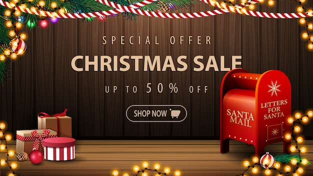 Oferta especial, venda de natal, banner de desconto com interior acolhedor com parede de madeira