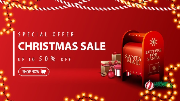 Oferta especial, venda de natal, banner de desconto vermelho moderno em estilo minimalista