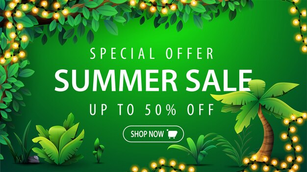 Oferta especial, venda de verão, banner web desconto verde com grande oferta branca, botão, quadro de selva tropical, elementos tropicais e quadro de guirlanda brilhante