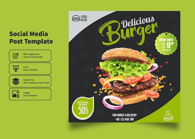 Oferta incrível em folheto de fast food de hambúrguer e design de postagem para modelo de postais de mídia social