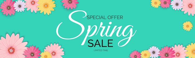 Oferta promocional, cartão de venda temporada de primavera com decoração de plantas, folhas e flores de primavera.