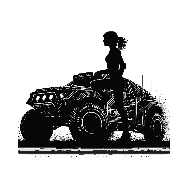 Vetor offroad car racing jogadora feminina com padrão de glitch cyberpunk ilustração emblema distintivo de escudo