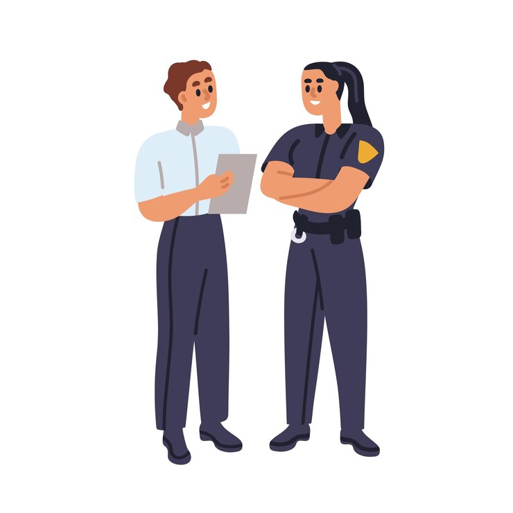 Oficial de polícia e agente de detetive comunicação Investigador do FBI falando falando com a polícia parceira de polícia trabalhando juntos Ilustração vetorial gráfica plana isolada em fundo branco