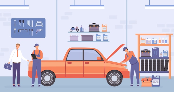 Vetor oficina de reparação de automóveis personagem masculino chegando à estação para consertar veículo mecânico trabalhador no capô de abertura uniforme