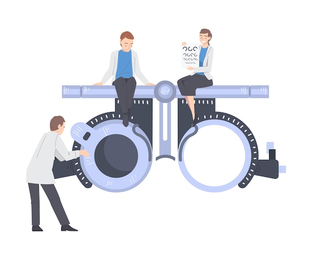 Oftalmologia com profissional de saúde perto de um enorme refratômetro envolvido em exame ocular e ilustração vetorial de teste de visão