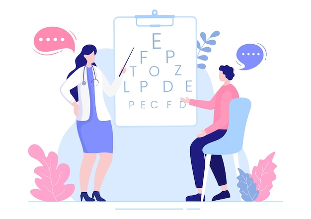 Oftalmologia do teste de visão óptica do paciente e escolha de lentes de óculos na ilustração